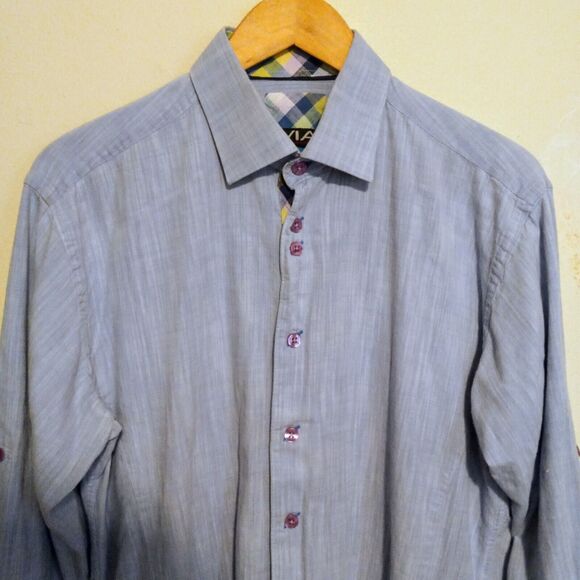 Via Uomo Button Front Shirt-Large-Reversible Cuffs-Roll Tab Sleeve-Contrast Trim - Picture 2 of 12